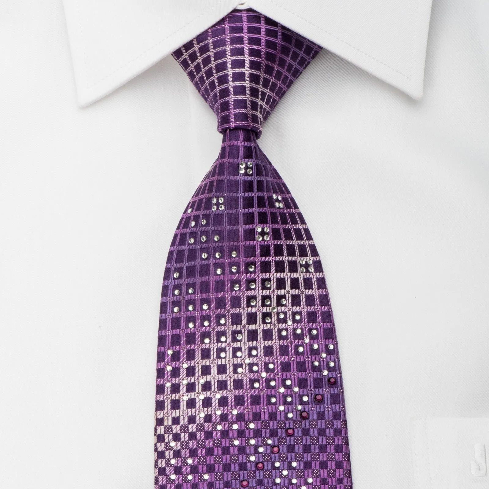 Remizio Rhinestone Silk Necktie Squares On Purple With Sparkles