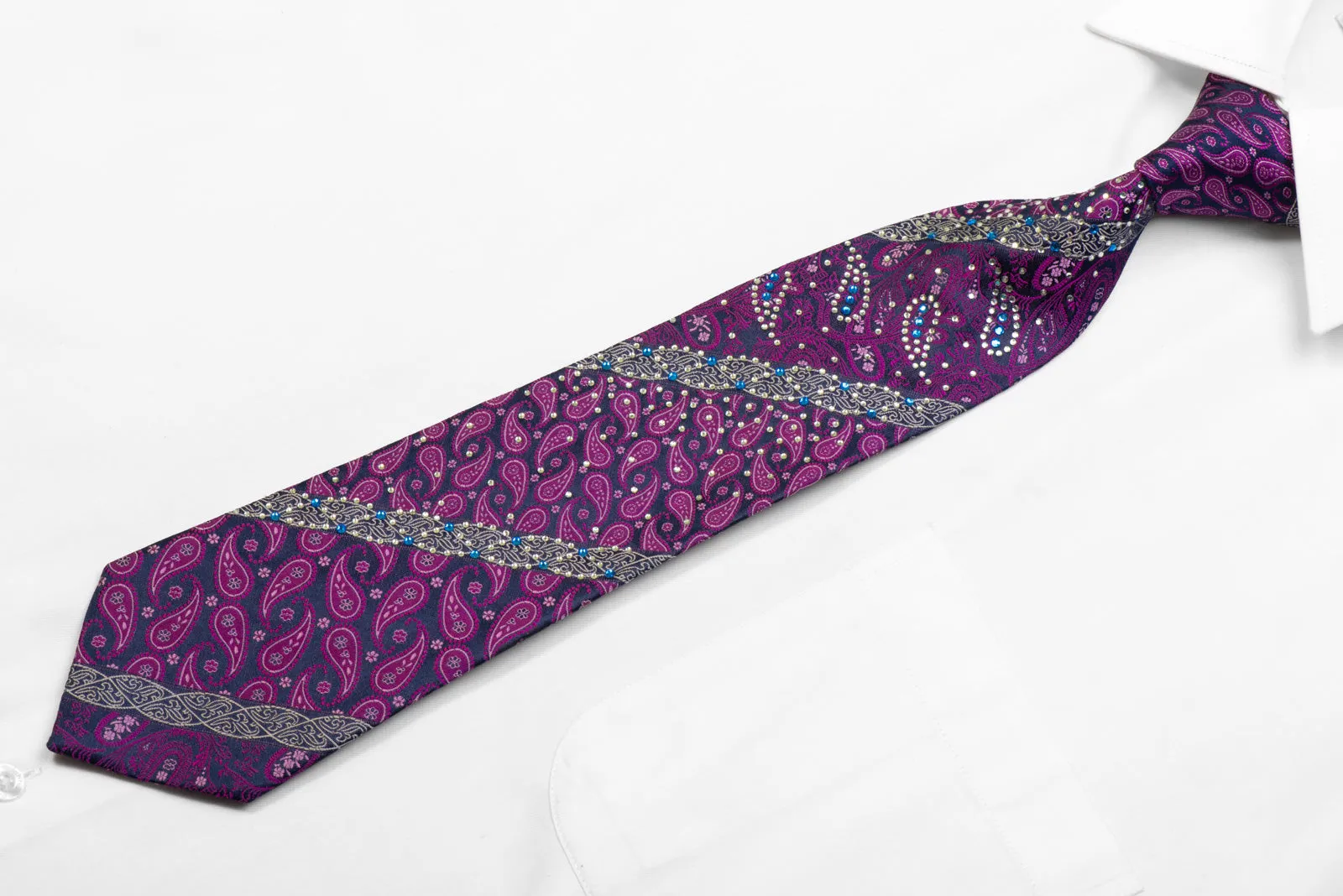 Remizio Rhinestone Silk Tie Purple Paisley On Navy