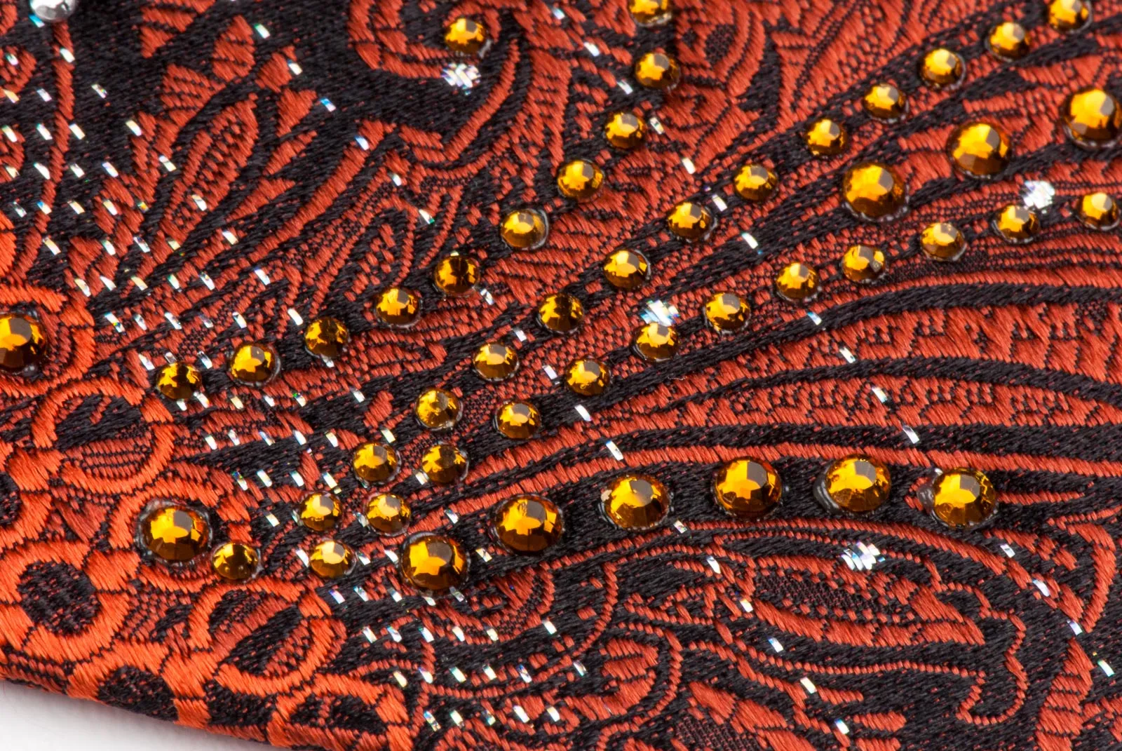 Remizio Silk Neck Tie Brown Paisley Orange Yellow Dots On Black With Rhinestones