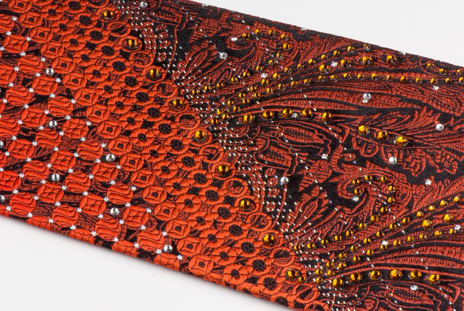 Remizio Silk Neck Tie Brown Paisley Orange Yellow Dots On Black With Rhinestones