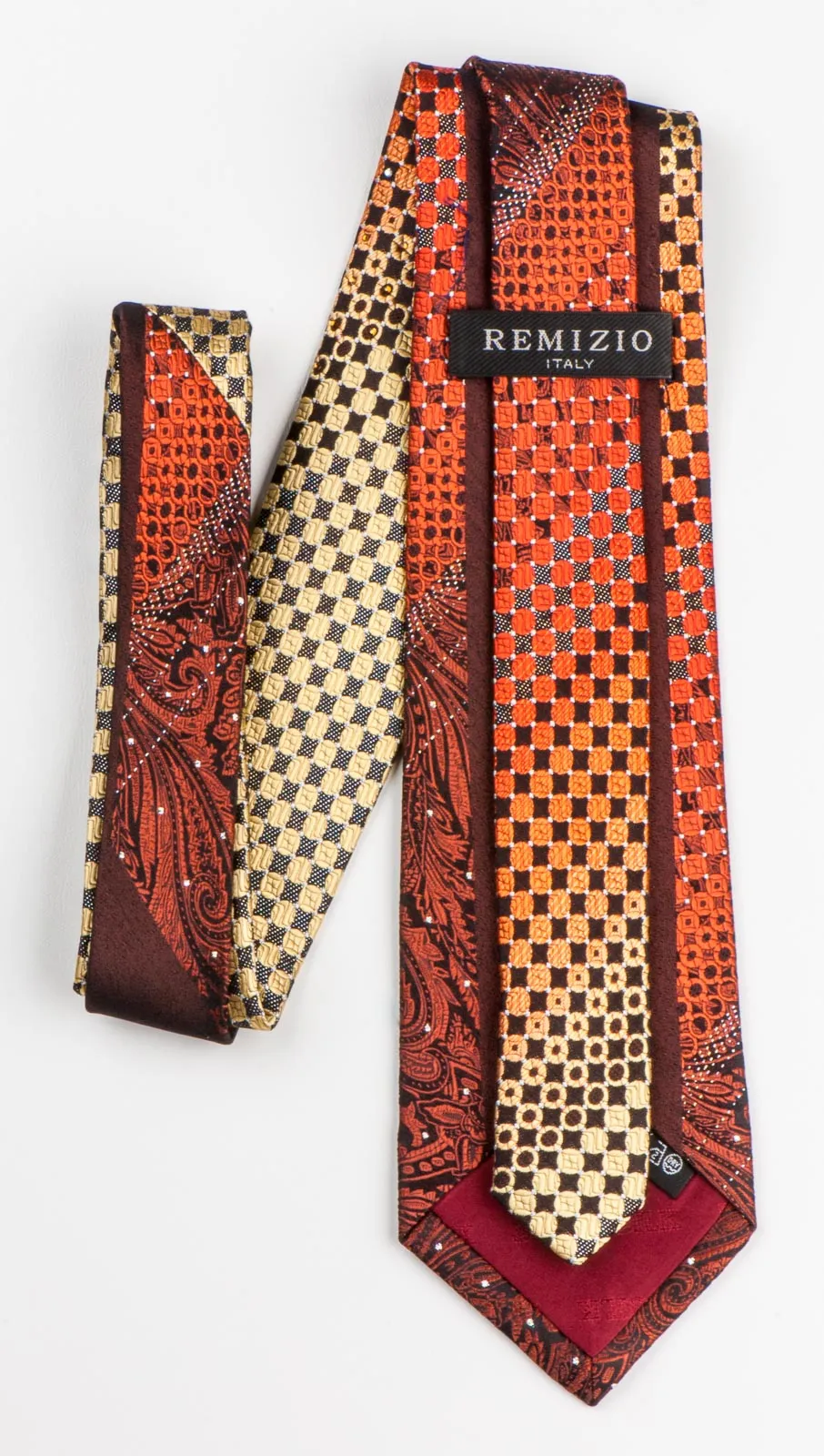 Remizio Silk Neck Tie Brown Paisley Orange Yellow Dots On Black With Rhinestones