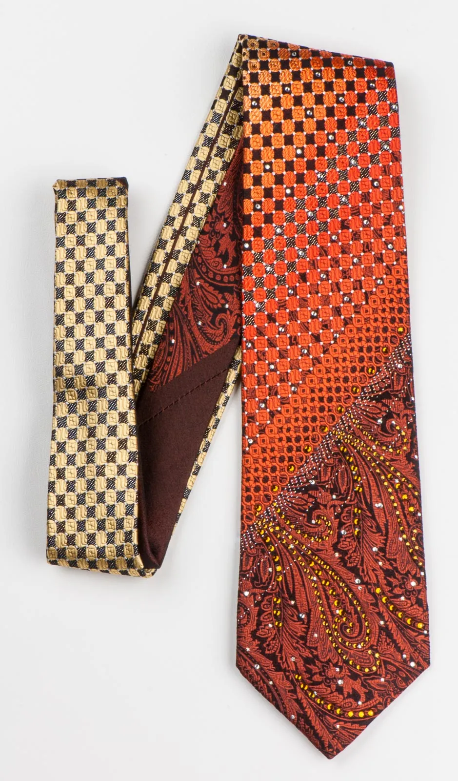 Remizio Silk Neck Tie Brown Paisley Orange Yellow Dots On Black With Rhinestones