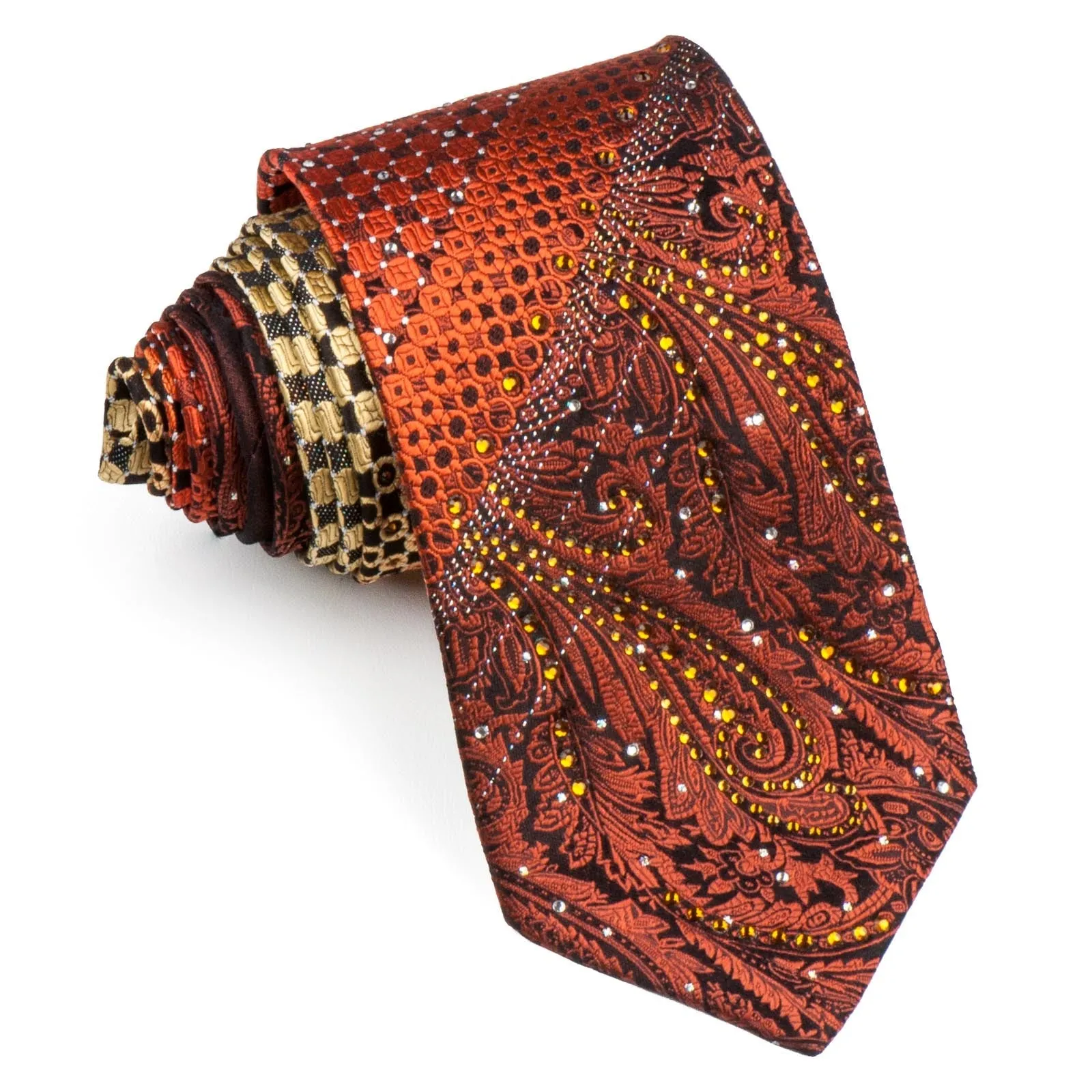 Remizio Silk Neck Tie Brown Paisley Orange Yellow Dots On Black With Rhinestones