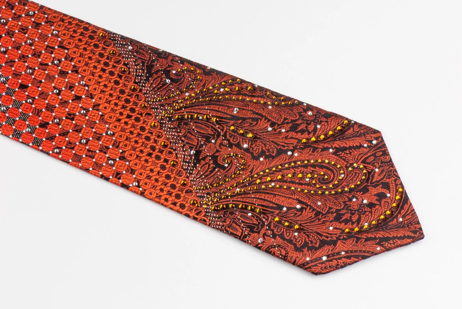 Remizio Silk Neck Tie Brown Paisley Orange Yellow Dots On Black With Rhinestones