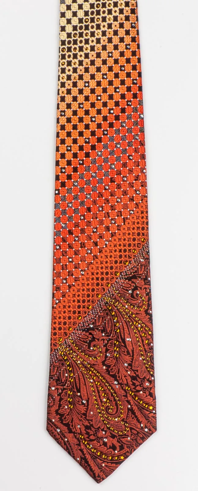 Remizio Silk Neck Tie Brown Paisley Orange Yellow Dots On Black With Rhinestones