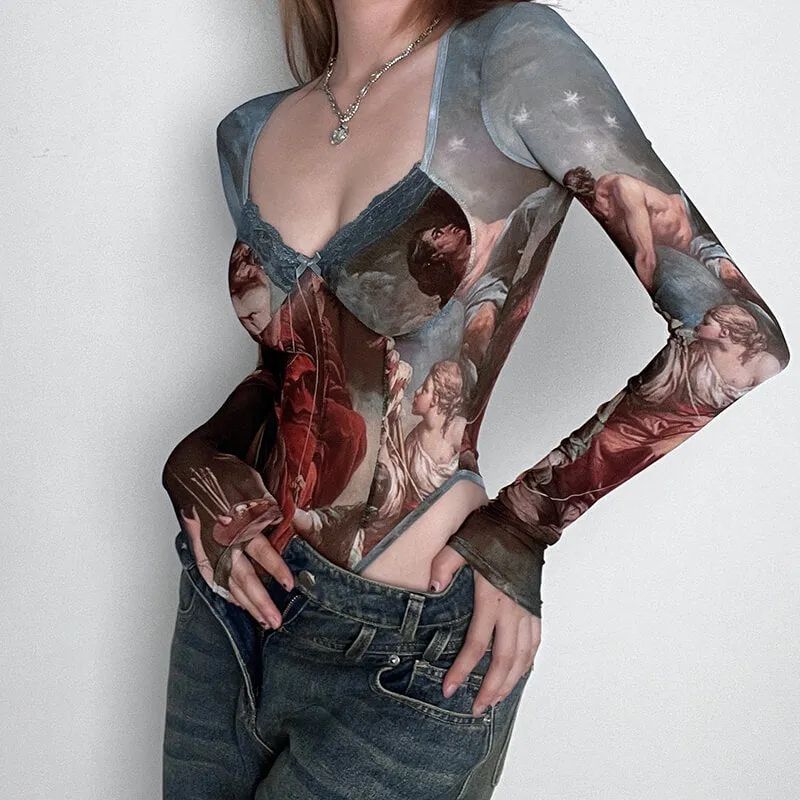 Renaissance Art Print Mesh Aesthetic Bodysuit