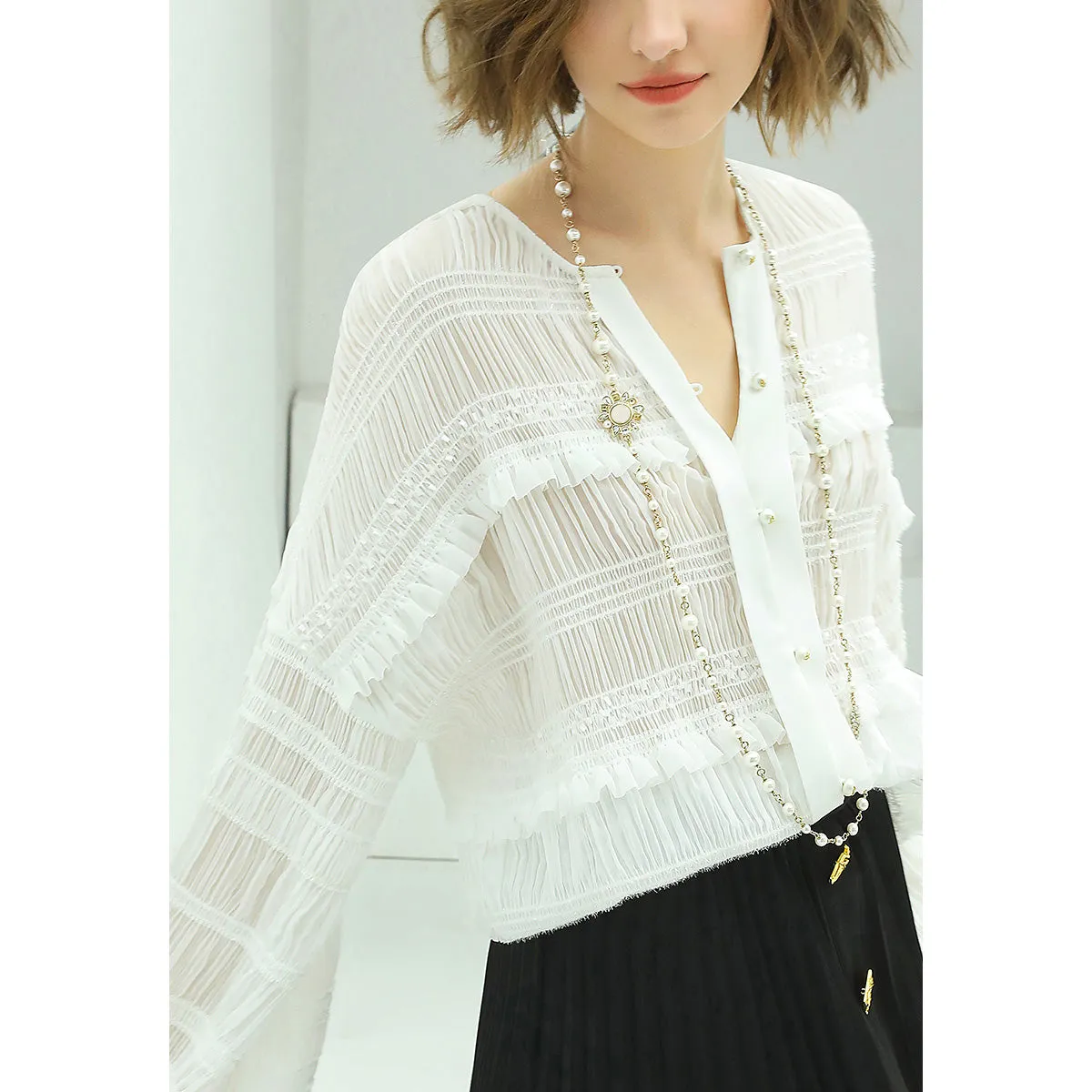 Renaissance Balloon Sleeve White Pleated Shirt