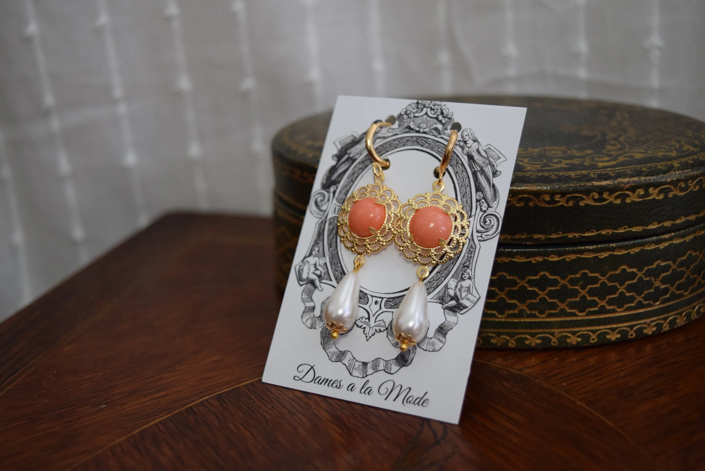 Renaissance Coral, Filigree, and Pearl Earrings