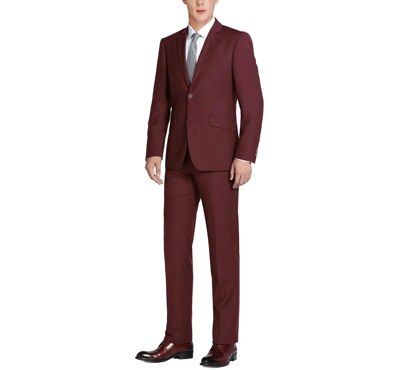 RENOIR Burgundy 2-Piece Slim Fit Single Breasted Notch Lapel Suit 201-8