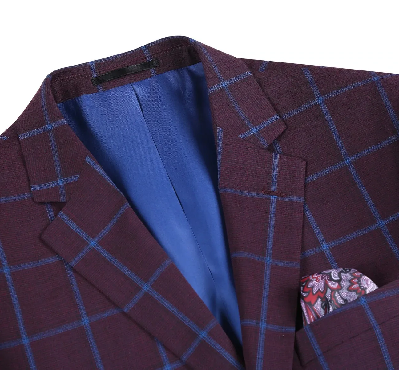 RENOIR Burgundy Blue Check Slim Fit Two Button Sport Coat 294-6