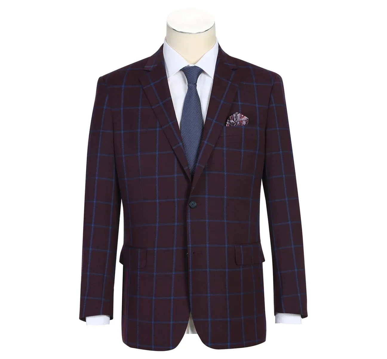 RENOIR Burgundy Blue Check Slim Fit Two Button Sport Coat 294-6