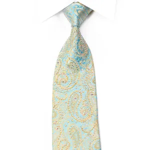 Renoma Crystal Rhinestone Silk Necktie Gold Paisley On Pale Blue With Sparkles