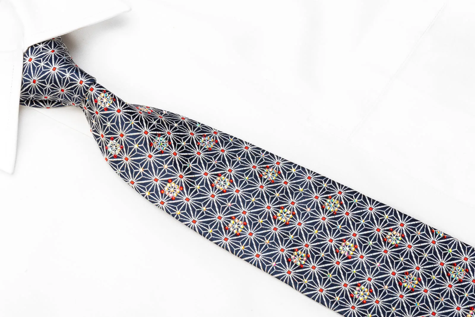 Renoma Men's Crystal Rhinestone Necktie Silver Trellis On Navy With Silver Sparkles