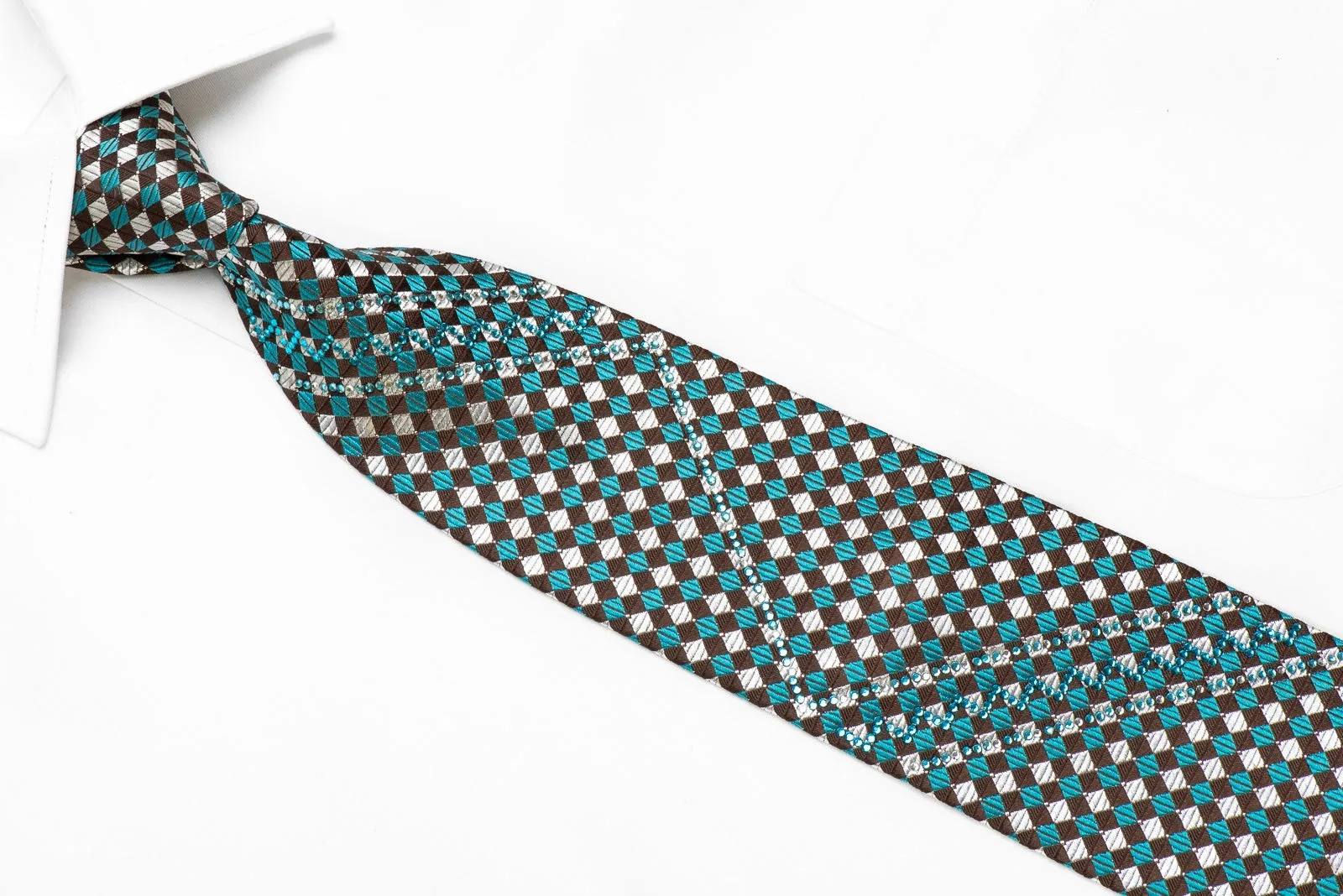 Renoma Men's Crystal Rhinestone Silk Neckties Brown Gold Turquoise Checkered