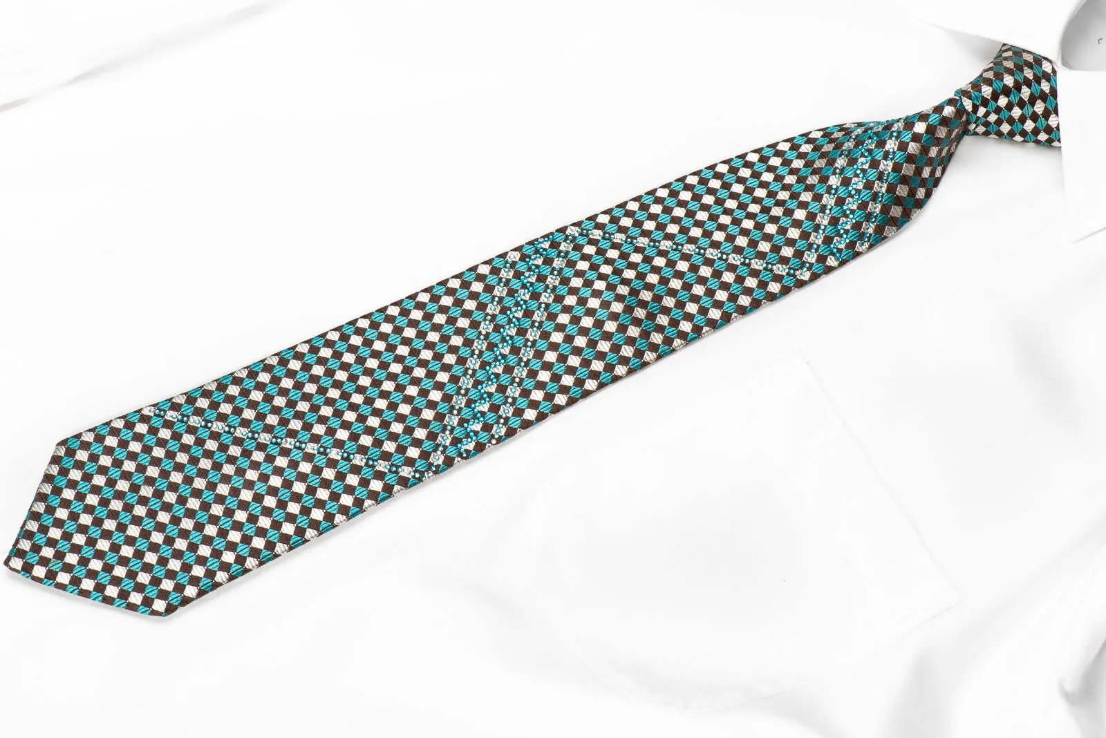 Renoma Men's Crystal Rhinestone Silk Neckties Brown Gold Turquoise Checkered