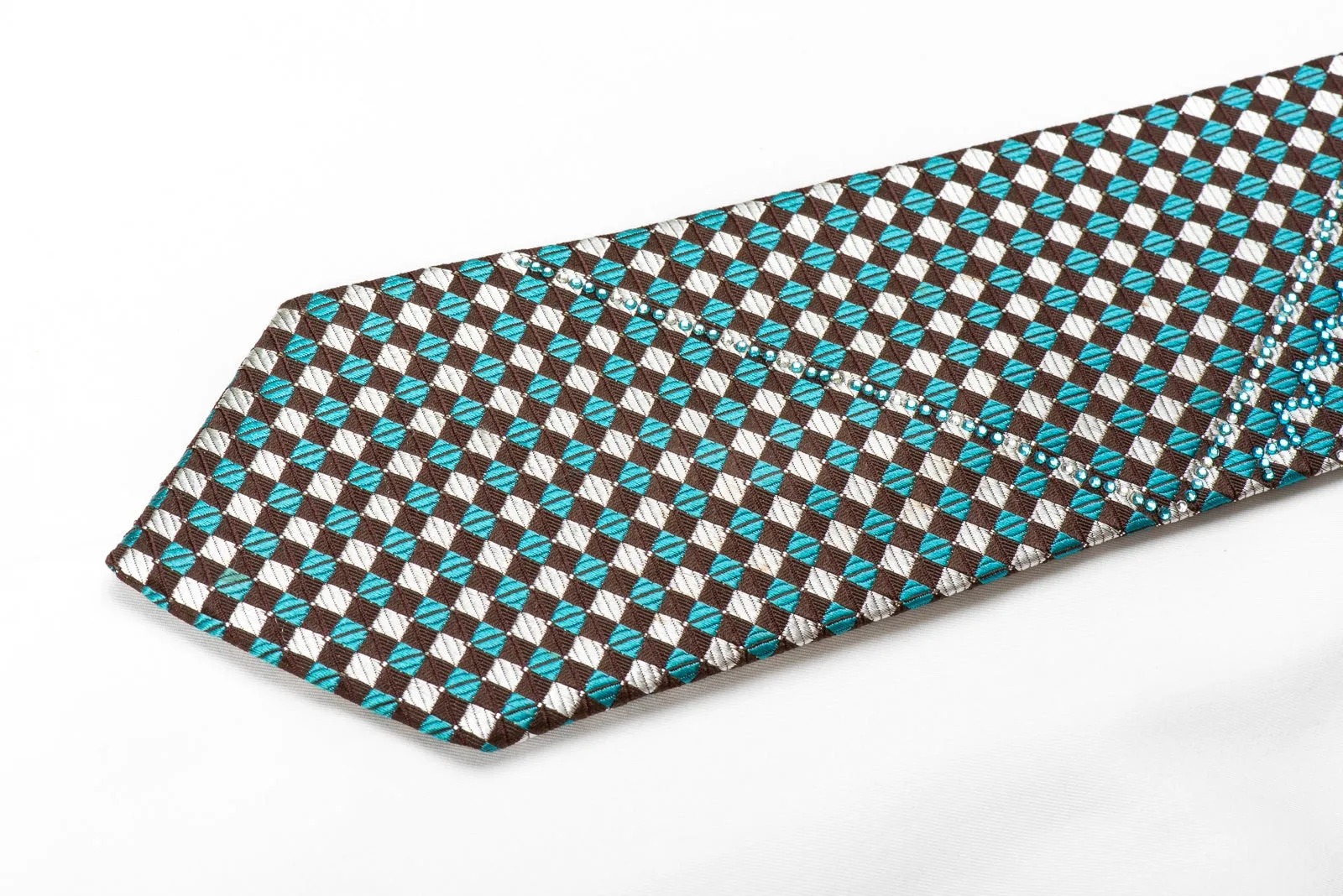 Renoma Men's Crystal Rhinestone Silk Neckties Brown Gold Turquoise Checkered