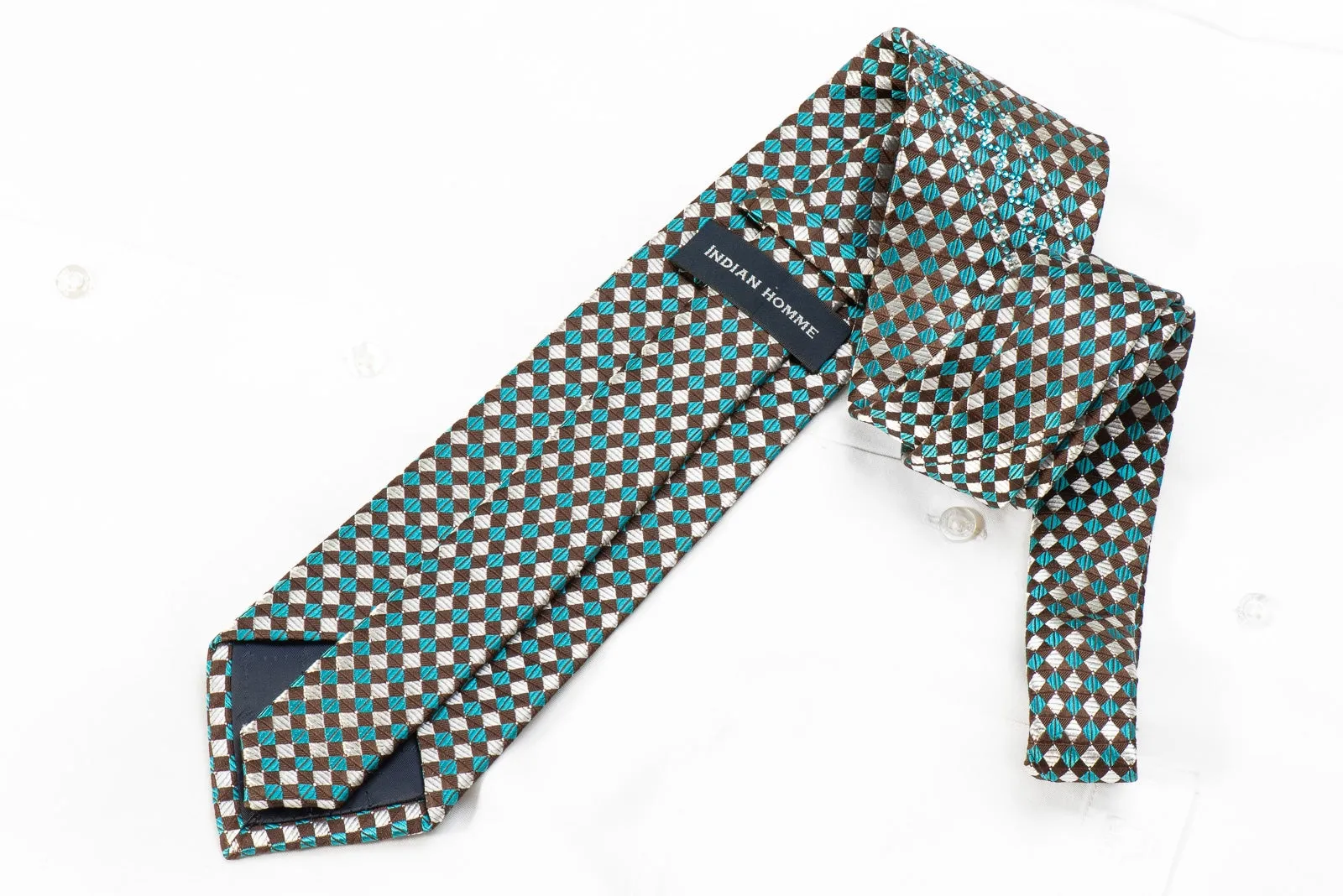 Renoma Men's Crystal Rhinestone Silk Neckties Brown Gold Turquoise Checkered