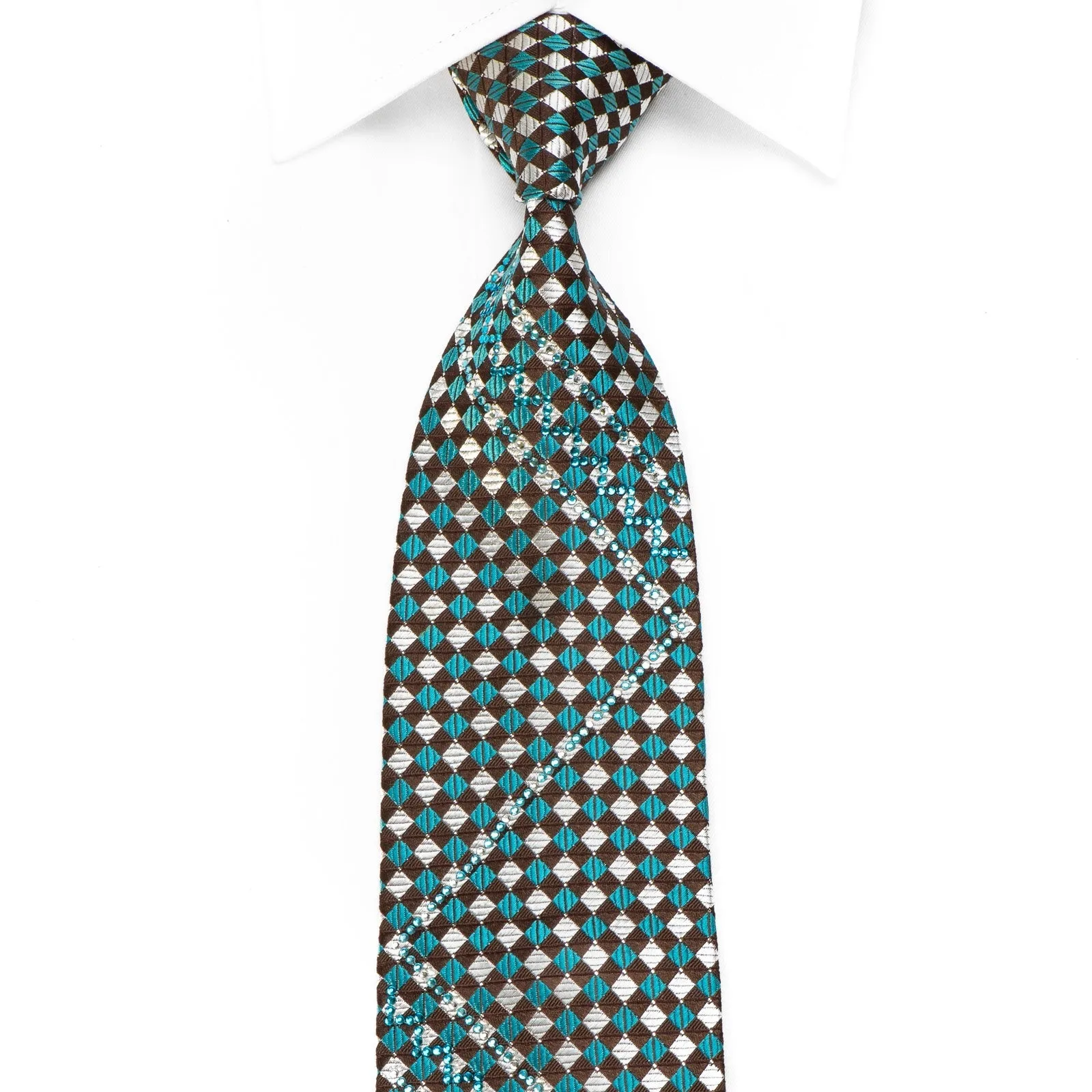 Renoma Men's Crystal Rhinestone Silk Neckties Brown Gold Turquoise Checkered