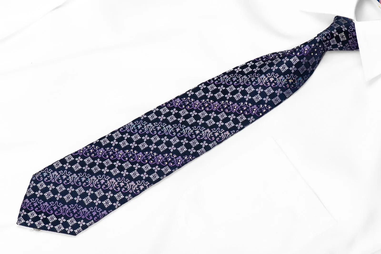 Renoma Men's Crystal Silk Necktie Checker Cartouche On Navy With Silver Sparkles