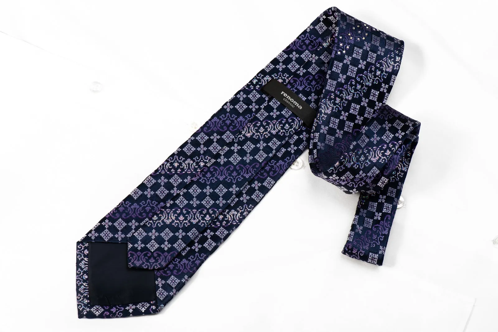 Renoma Men's Crystal Silk Necktie Checker Cartouche On Navy With Silver Sparkles