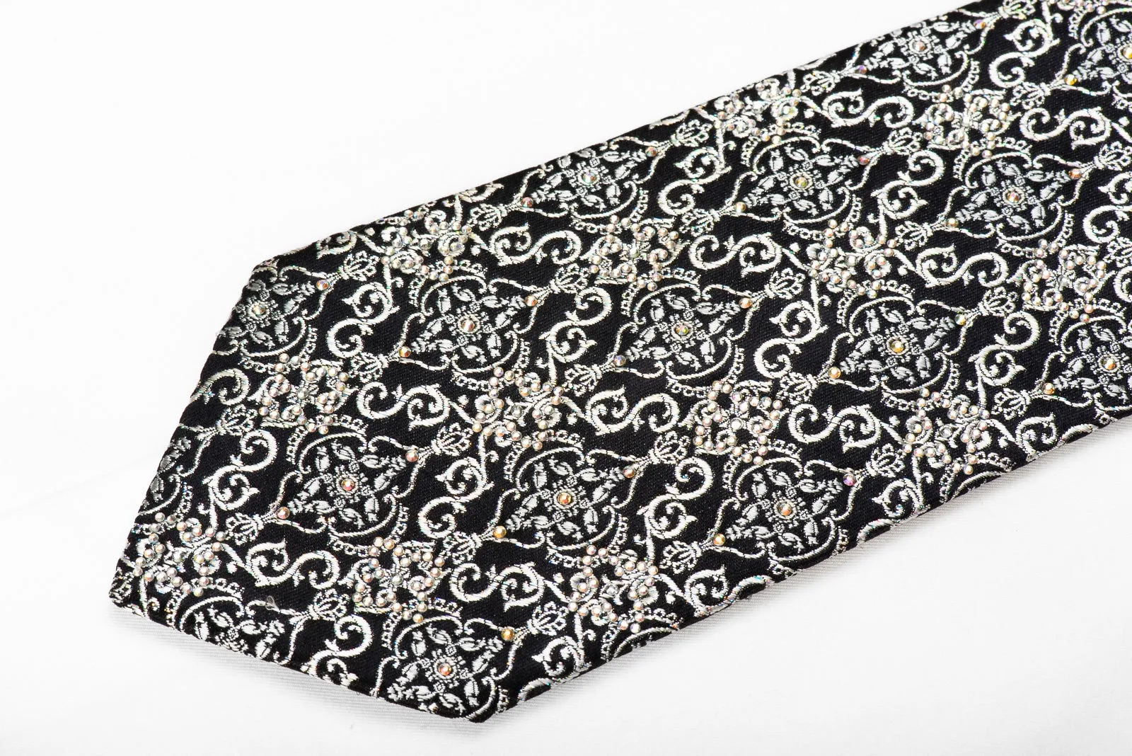 Renoma Mens Crystal Silk Necktie Silver Damask On Black With Silver Sparkles