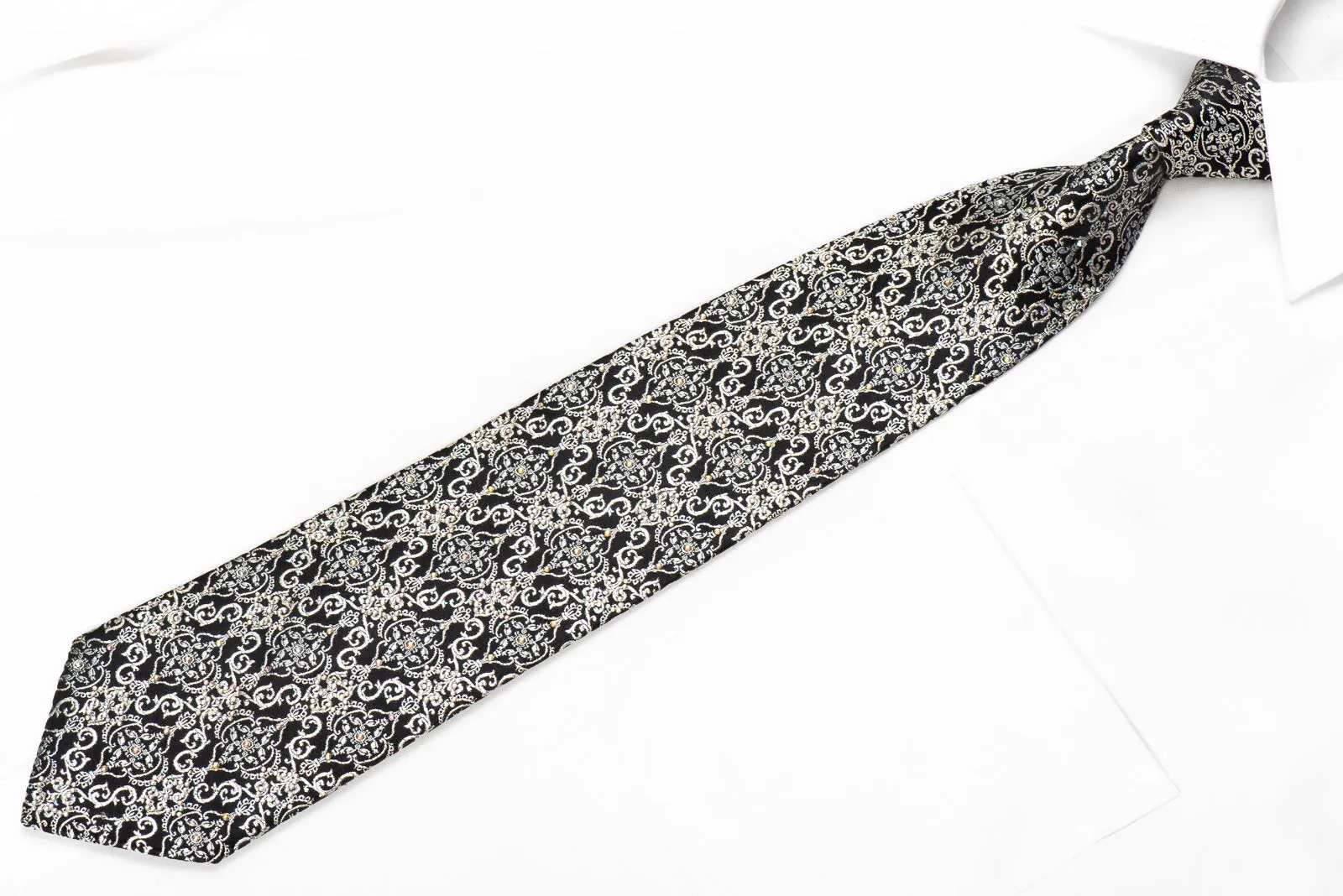 Renoma Mens Crystal Silk Necktie Silver Damask On Black With Silver Sparkles