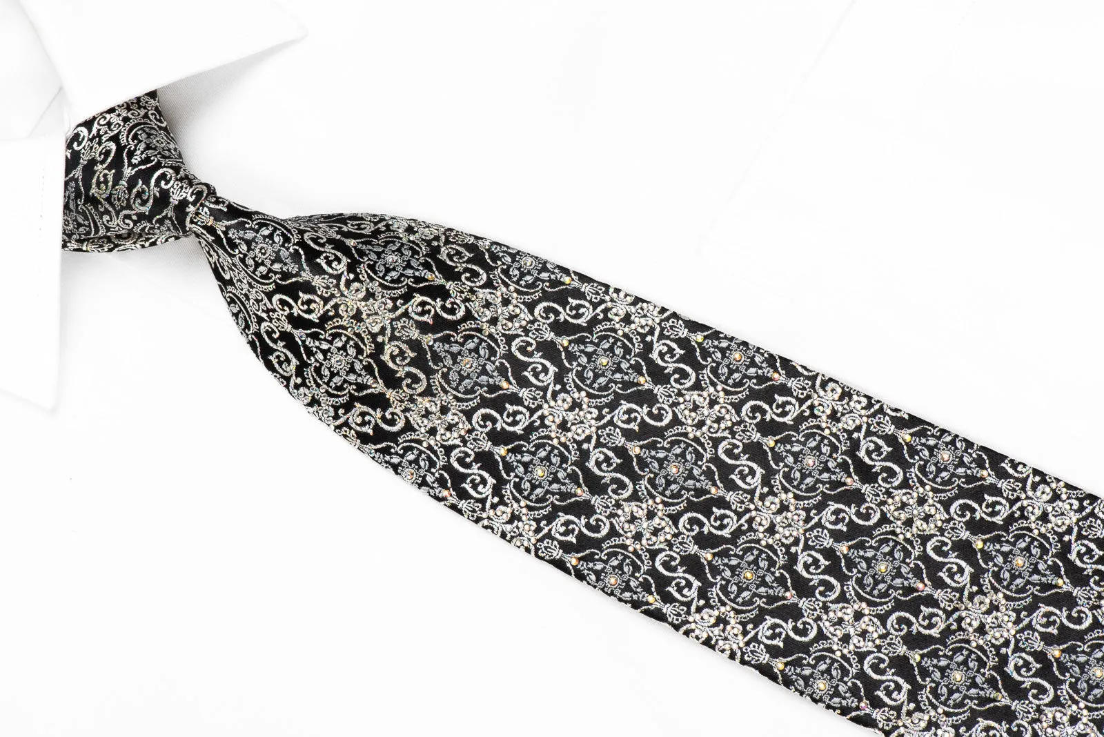 Renoma Mens Crystal Silk Necktie Silver Damask On Black With Silver Sparkles