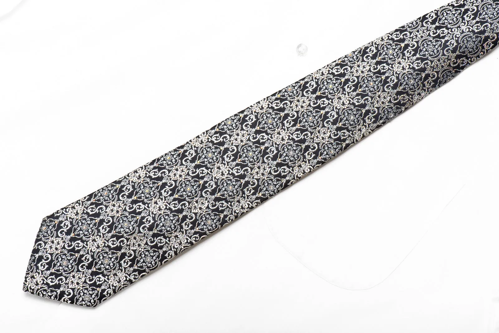 Renoma Mens Crystal Silk Necktie Silver Damask On Black With Silver Sparkles