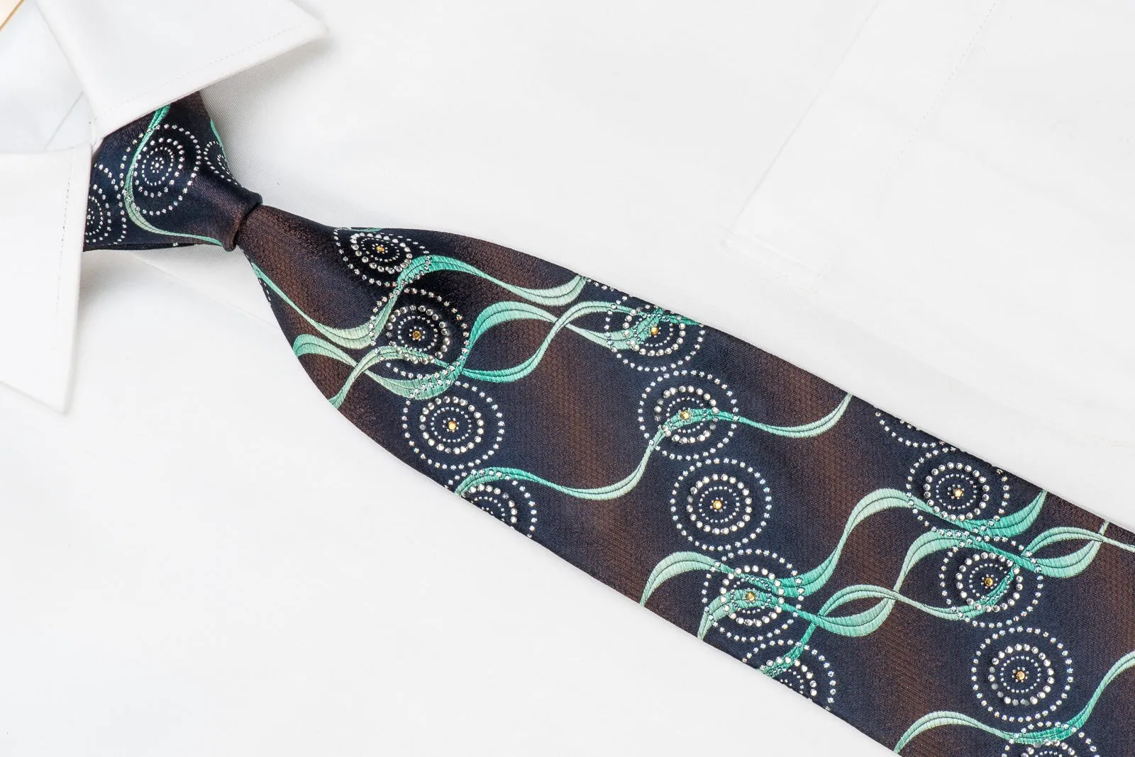 Renoma Men's Crystal Silk Necktie Turquoise Waves On Brown Navy With Silver Sparkles