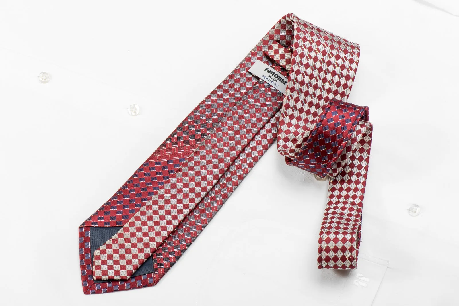 Renoma Men's Crystal Silk Tie Silver Burgundy Checkered With Silver Sparkles