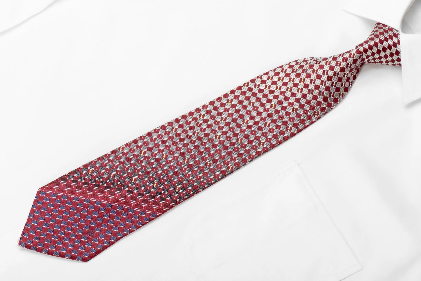 Renoma Men's Crystal Silk Tie Silver Burgundy Checkered With Silver Sparkles