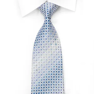 Renoma Men's Rhinestone Silk Necktie Blue Trellis On White With Silver Sparkles