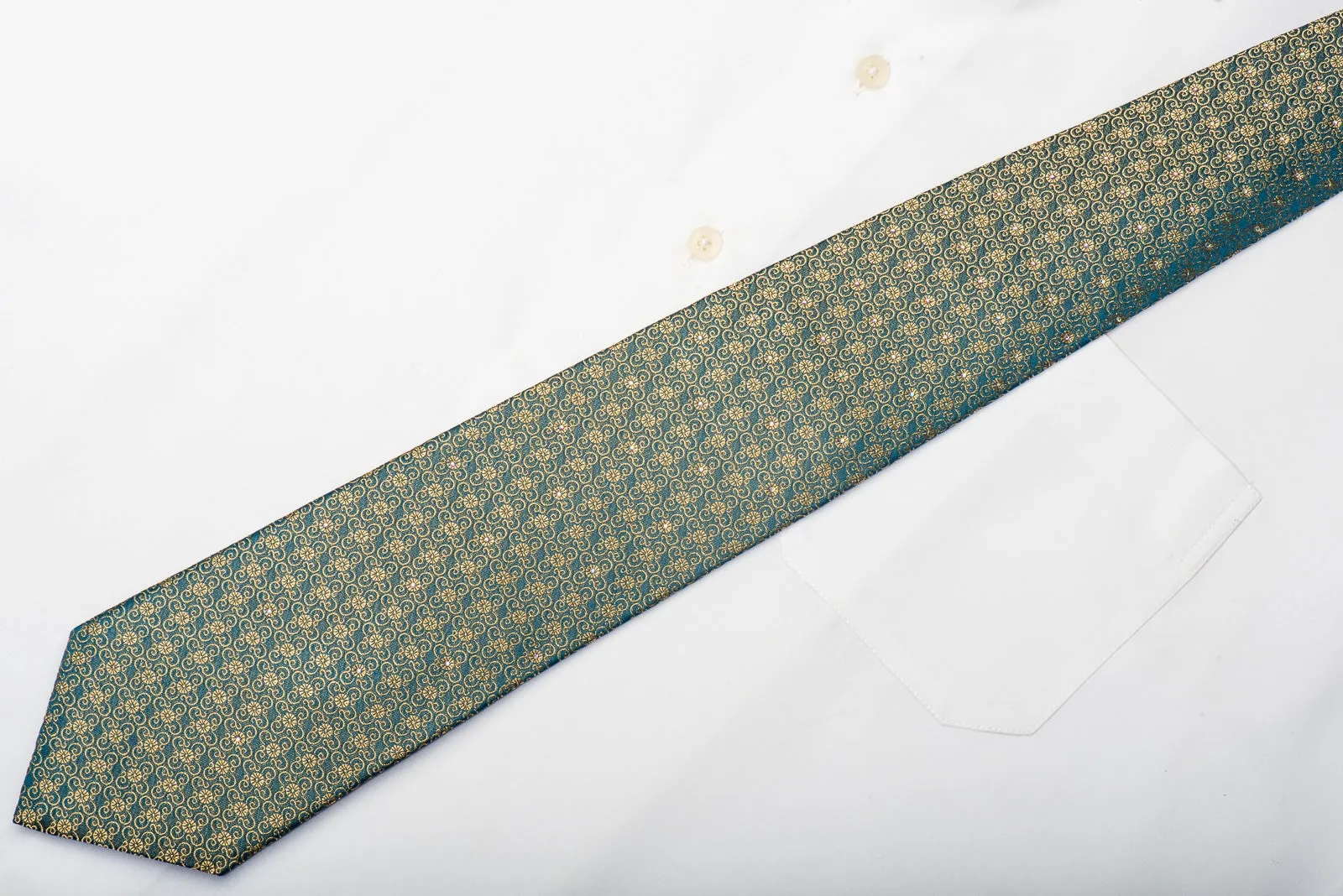 Renoma Men's Silk Necktie Gold Floral On Dark Teal Sparkling With Rhinestones