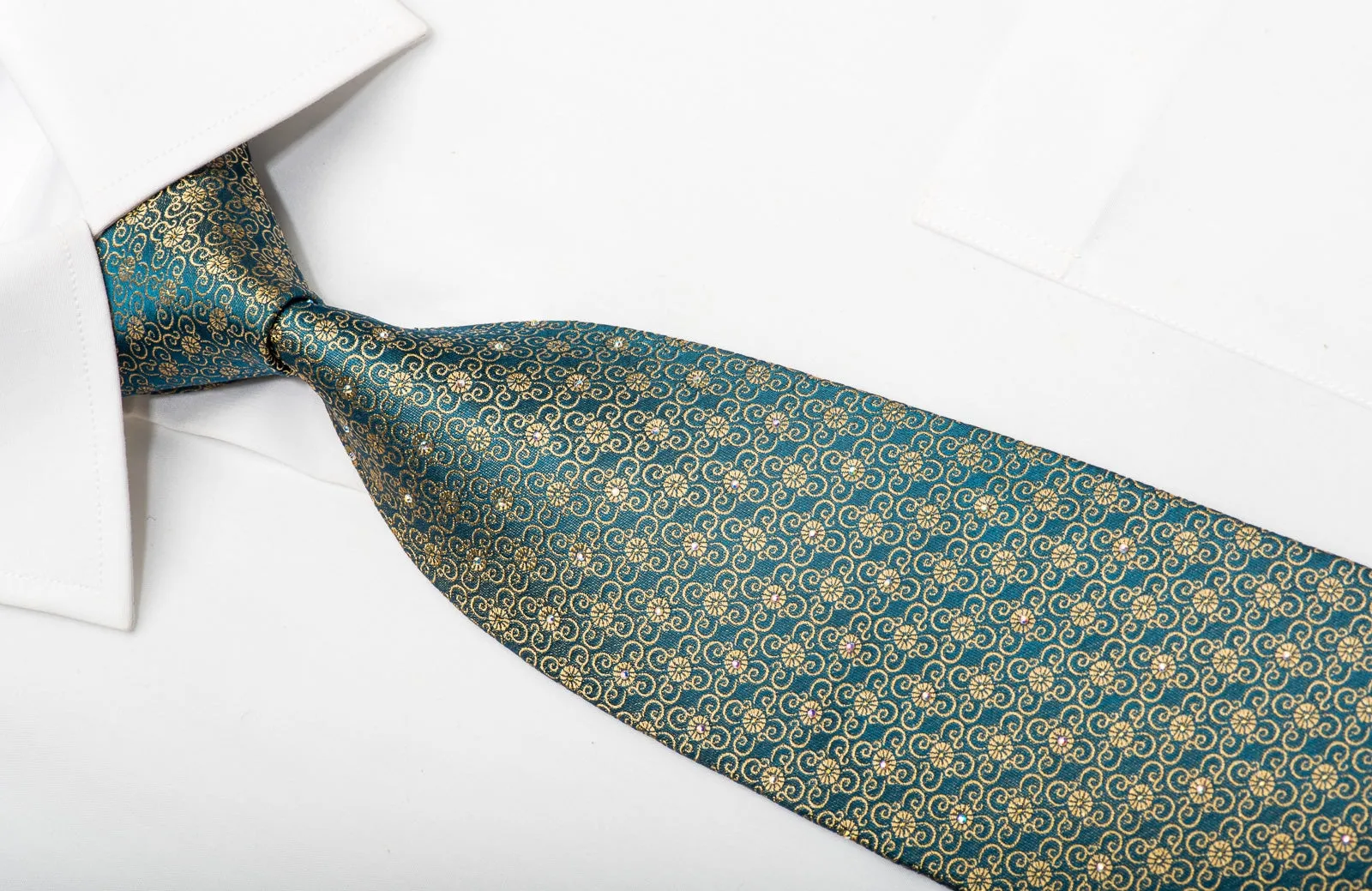 Renoma Men's Silk Necktie Gold Floral On Dark Teal Sparkling With Rhinestones