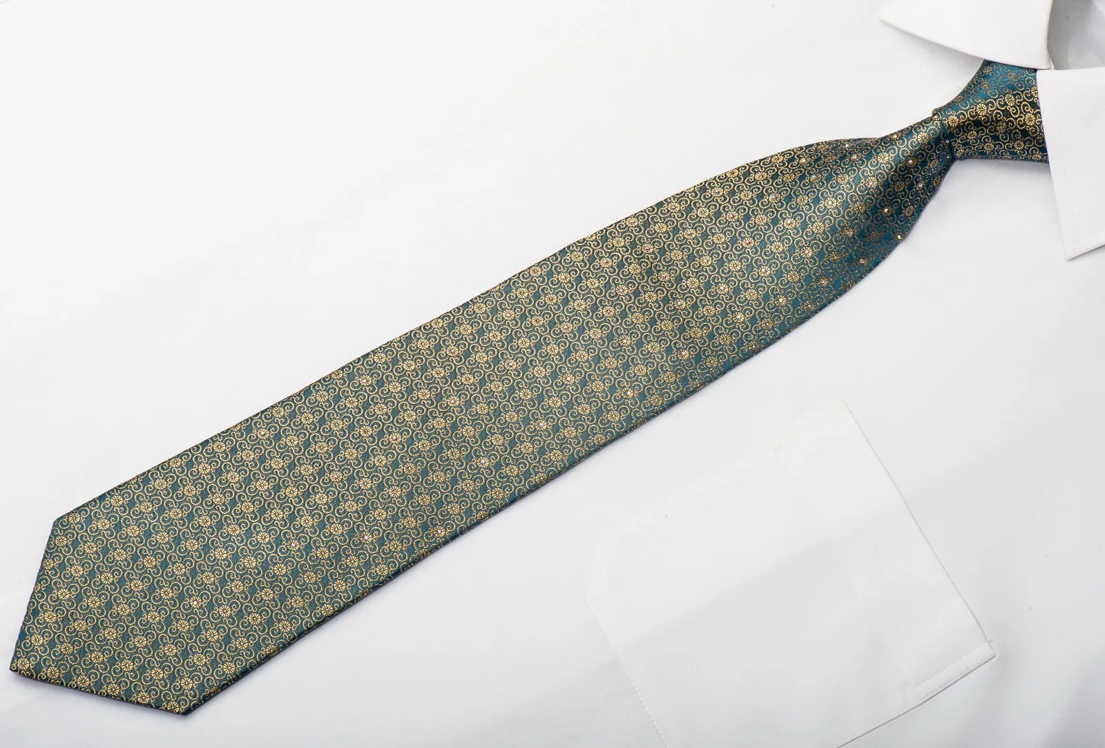 Renoma Men's Silk Necktie Gold Floral On Dark Teal Sparkling With Rhinestones