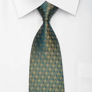 Renoma Men's Silk Necktie Gold Floral On Dark Teal Sparkling With Rhinestones