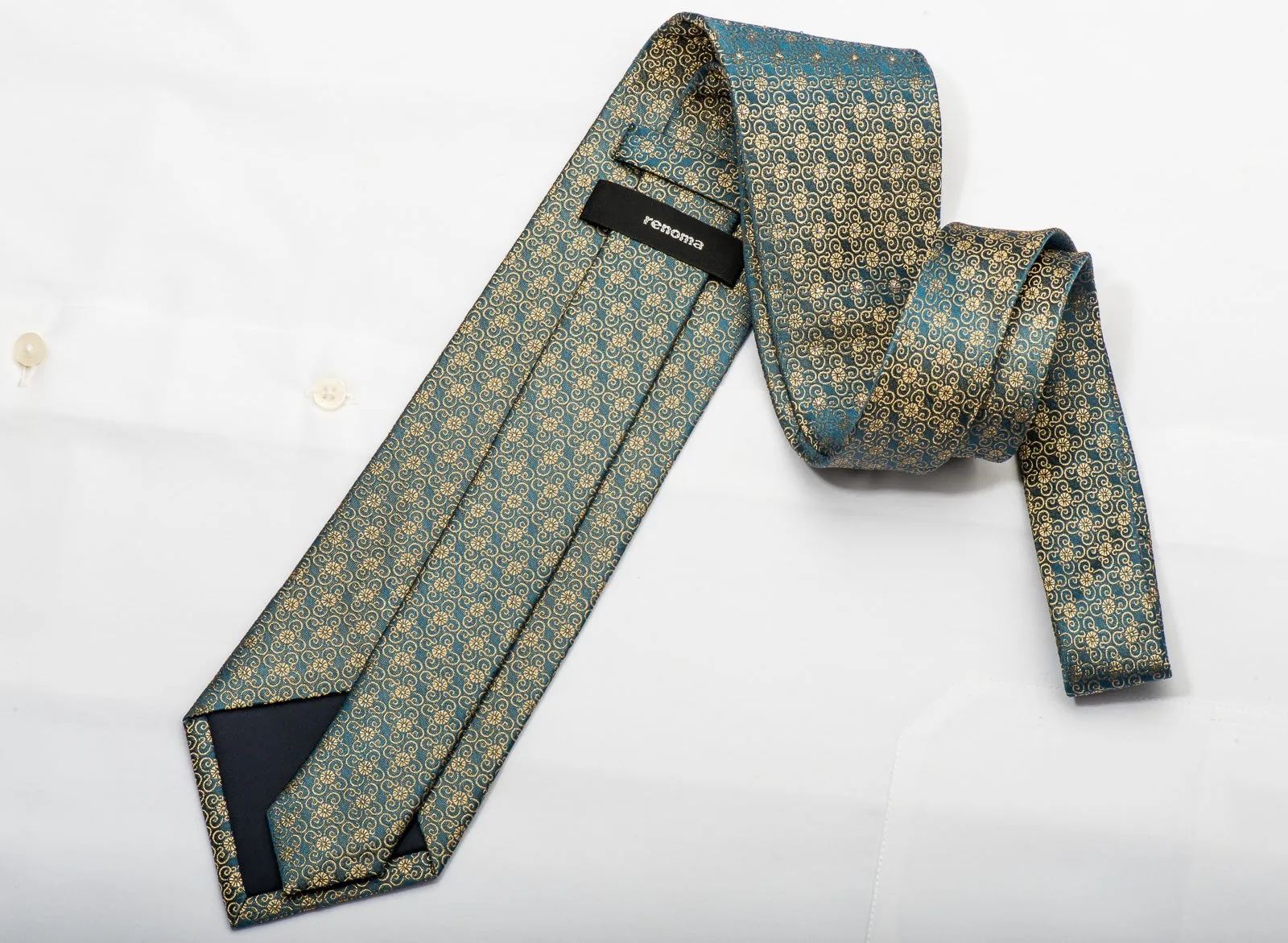 Renoma Men's Silk Necktie Gold Floral On Dark Teal Sparkling With Rhinestones