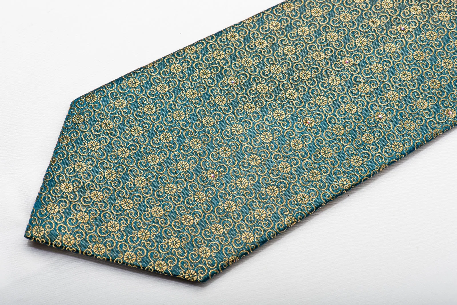 Renoma Men's Silk Necktie Gold Floral On Dark Teal Sparkling With Rhinestones