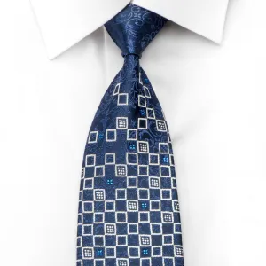 Renoma Men's Silk Rhinestone Necktie Silver Squares on Blue With Silver Sparkles