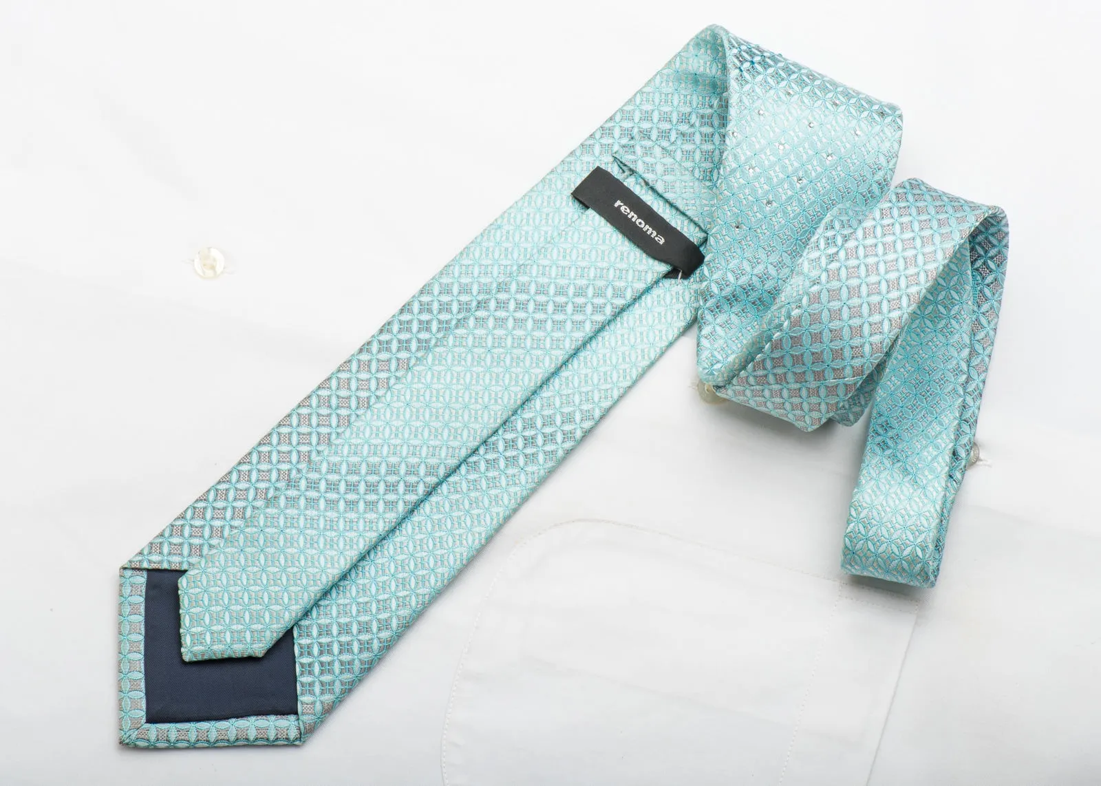 Renoma Men's Silk Tie Geometric On Blue Sparkling With Crystal Rhinestones