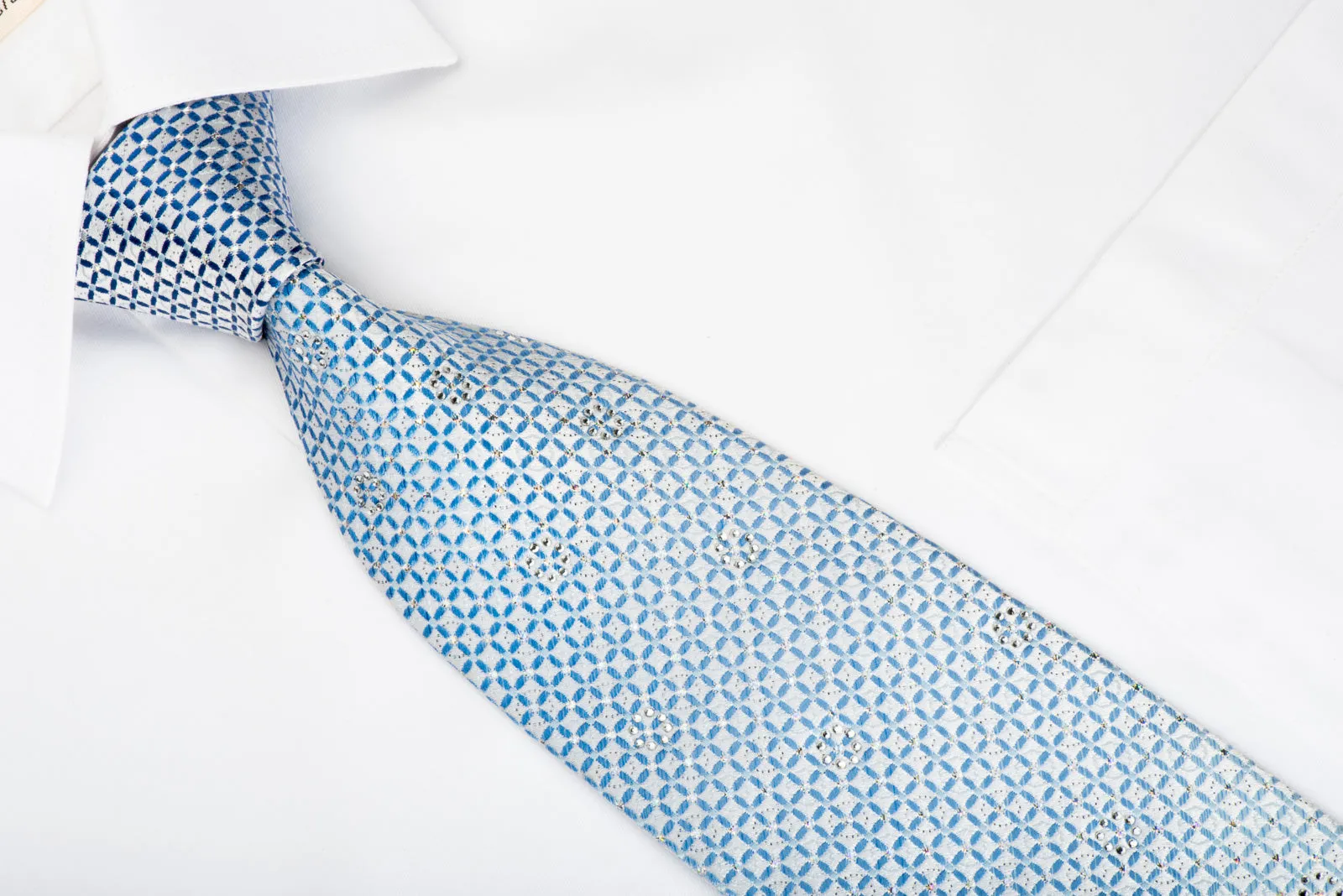 Renoma Rhinestone Necktie Blue Lattice On White With Silver Sparkles