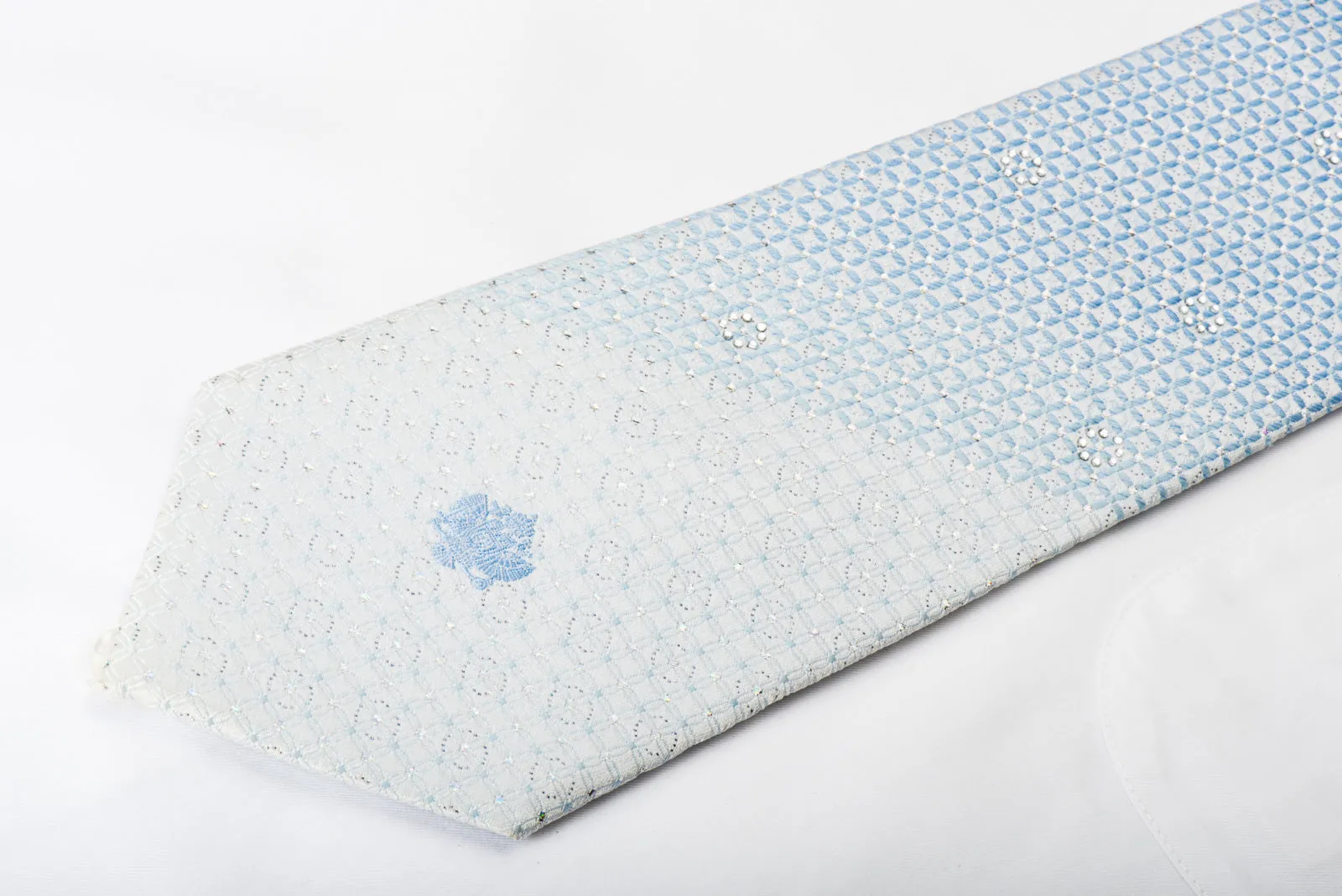 Renoma Rhinestone Necktie Blue Lattice On White With Silver Sparkles