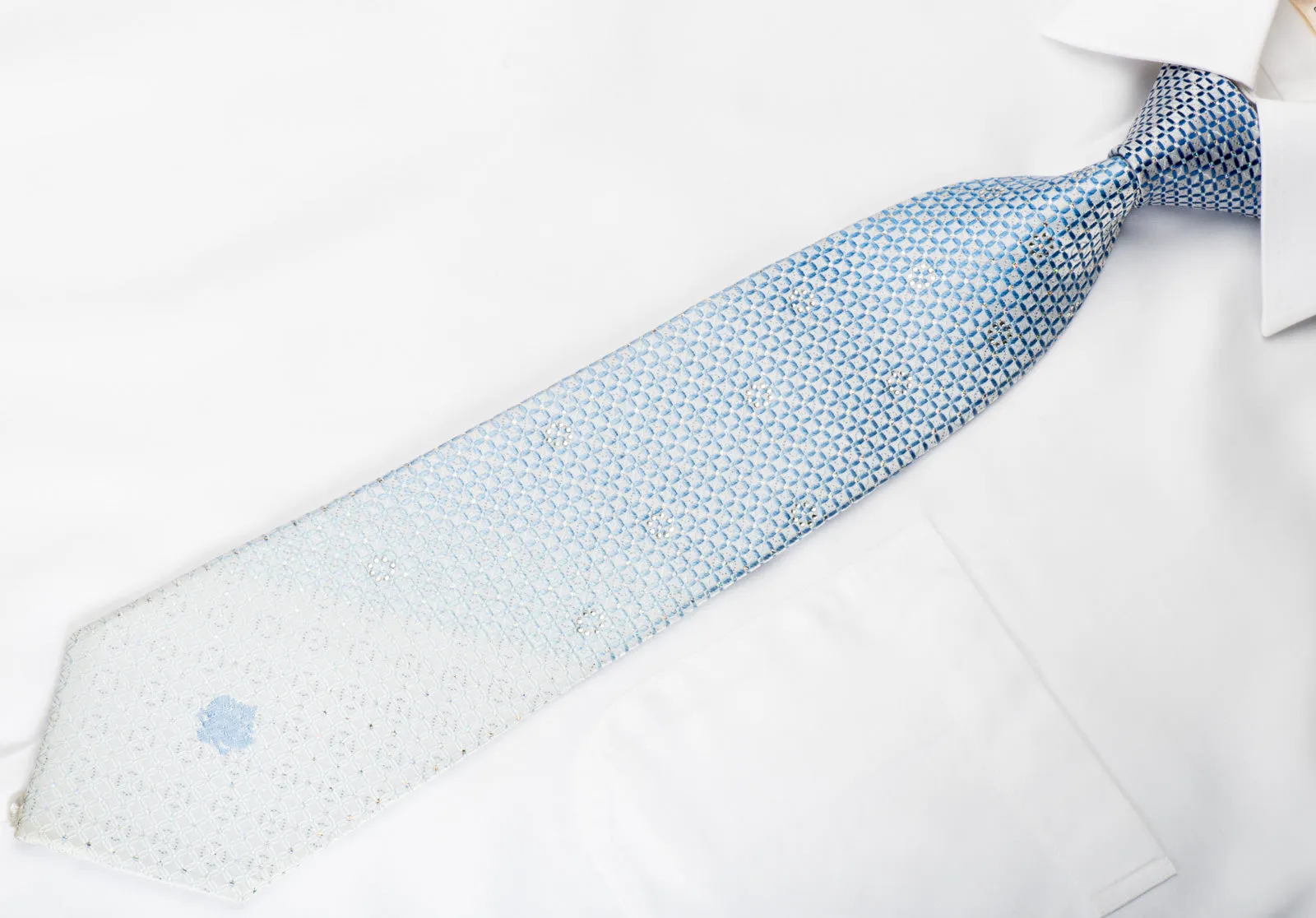 Renoma Rhinestone Necktie Blue Lattice On White With Silver Sparkles