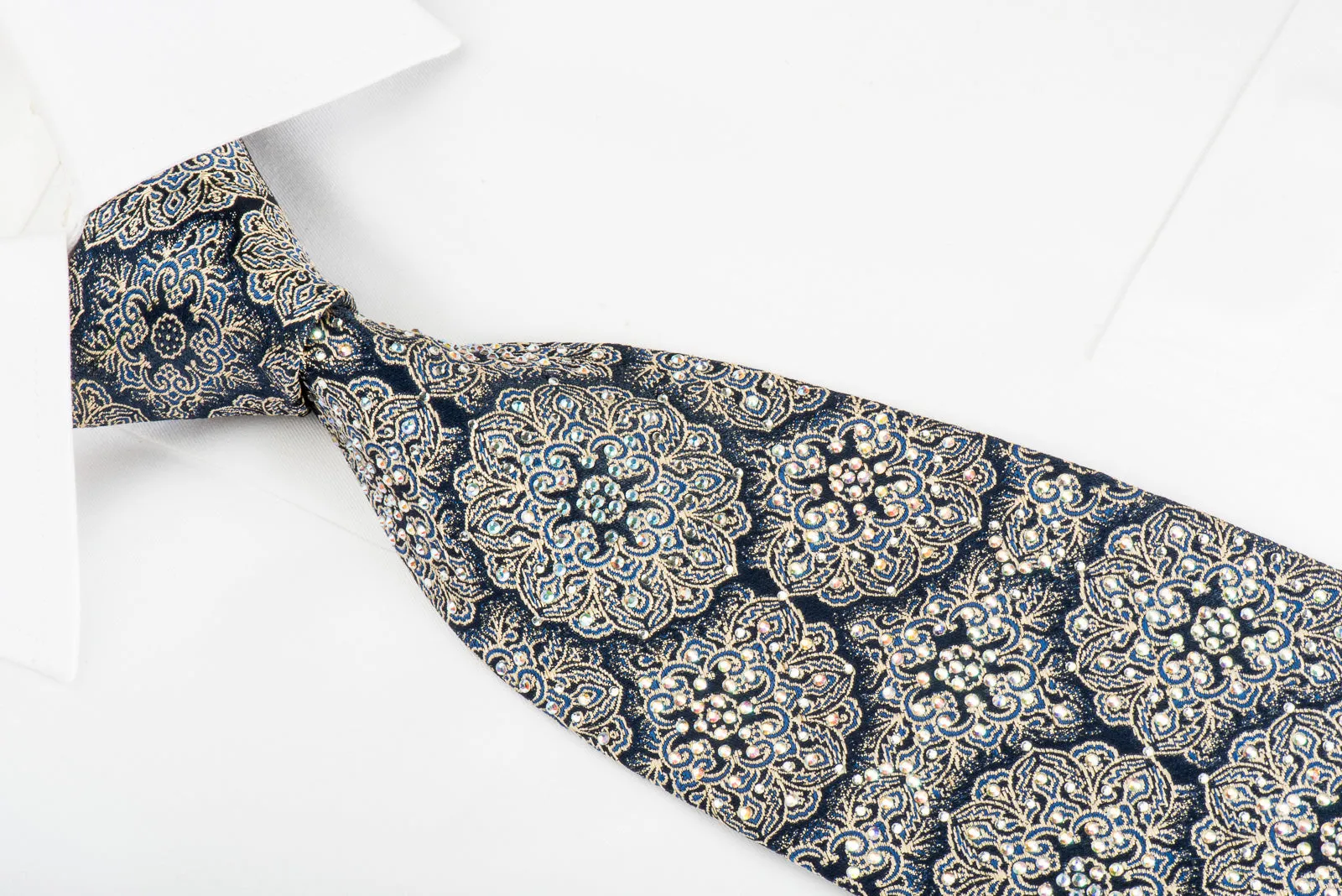 Renoma Rhinestone Silk Necktie Gold Arabesque On Navy Blue With Gold Sparkles