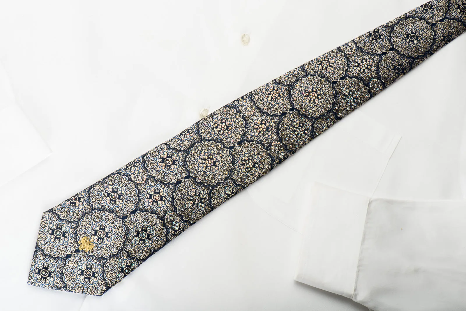 Renoma Rhinestone Silk Necktie Gold Arabesque On Navy Blue With Gold Sparkles