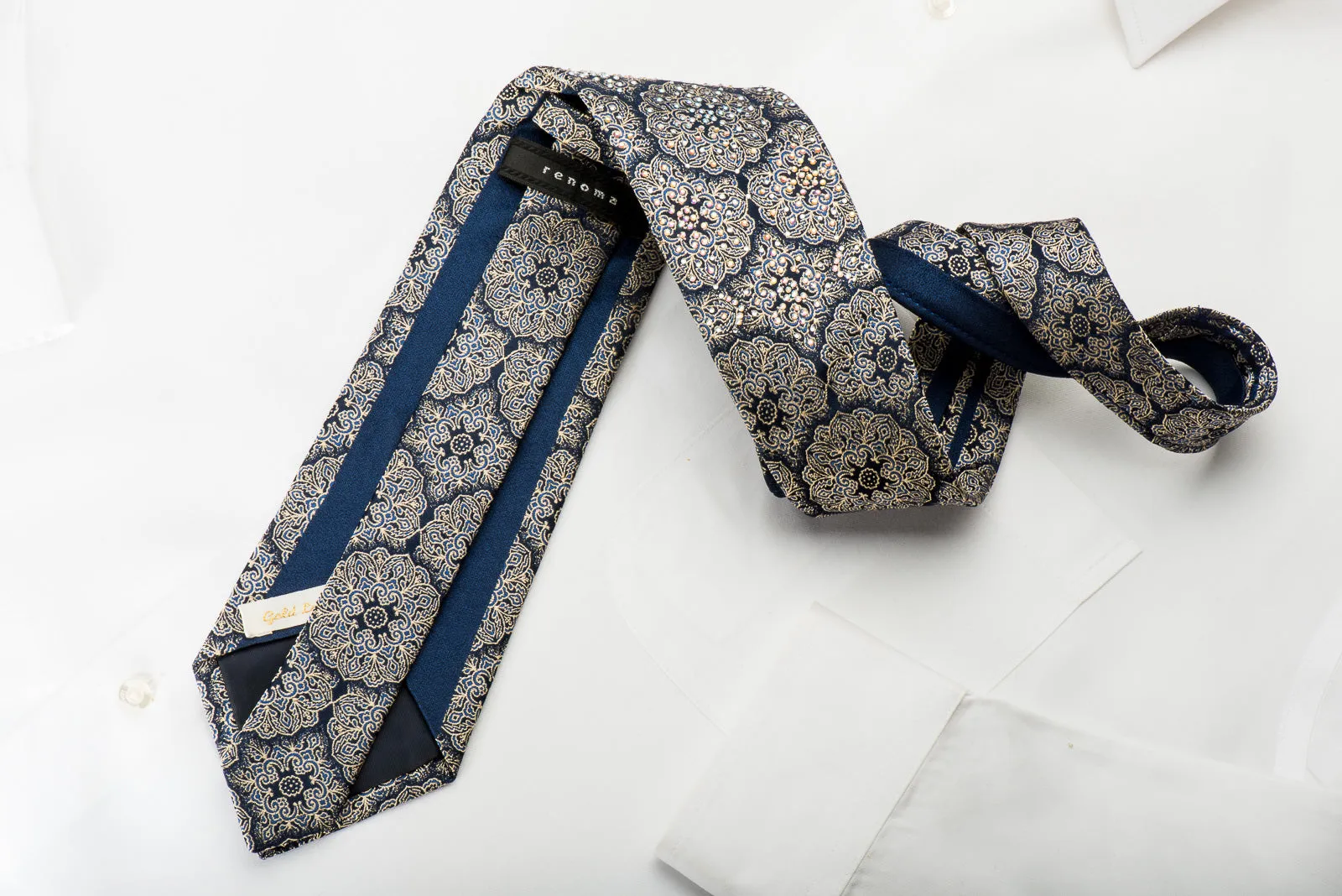 Renoma Rhinestone Silk Necktie Gold Arabesque On Navy Blue With Gold Sparkles