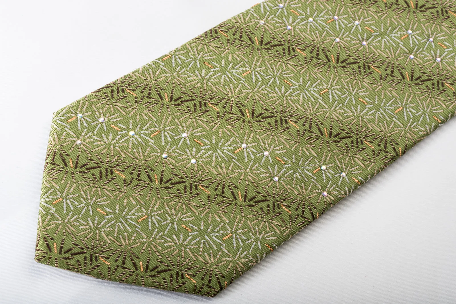 Renoma Rhinestone Silk Necktie Lines On Green With Golden Sparkles