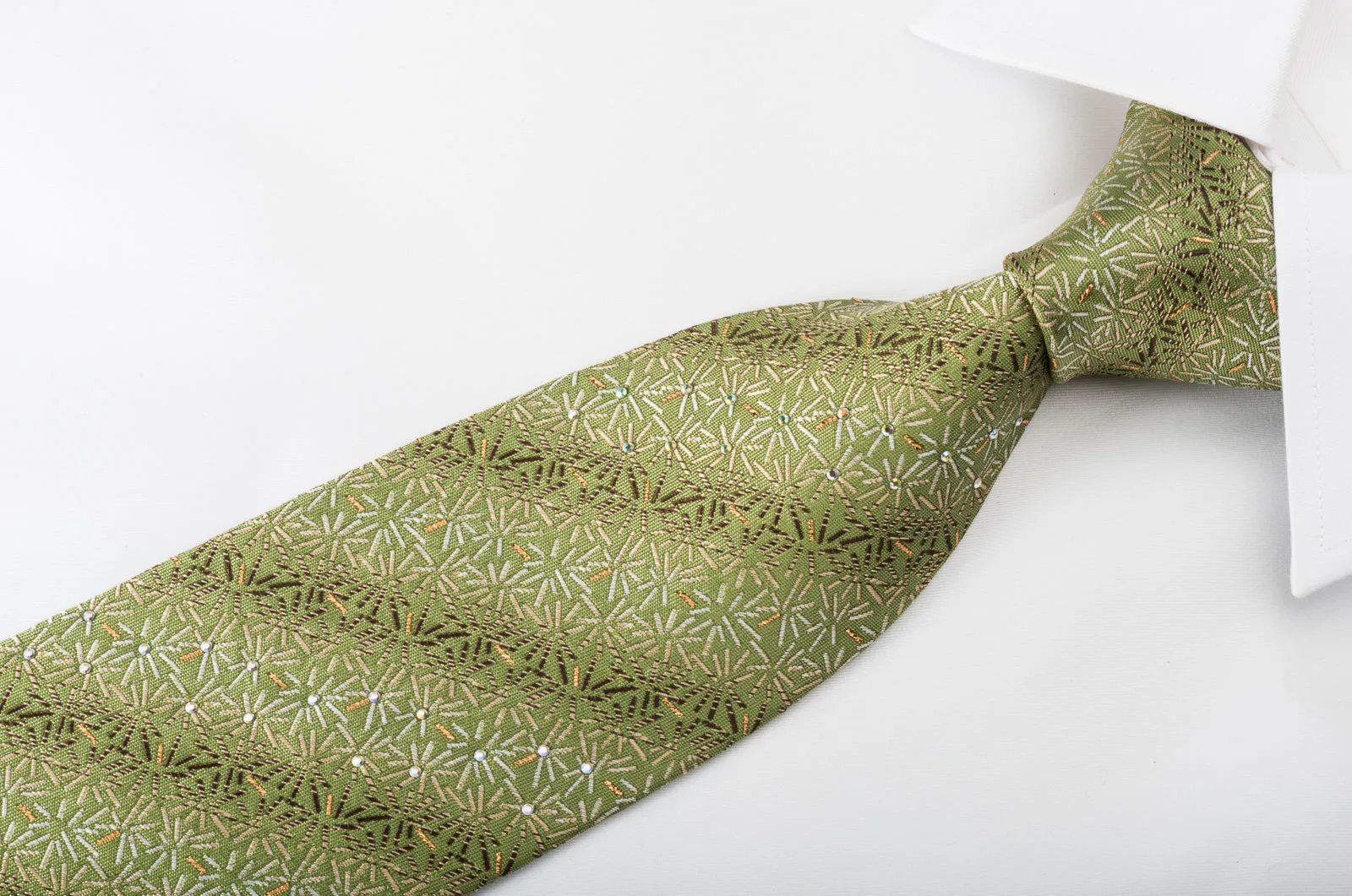 Renoma Rhinestone Silk Necktie Lines On Green With Golden Sparkles