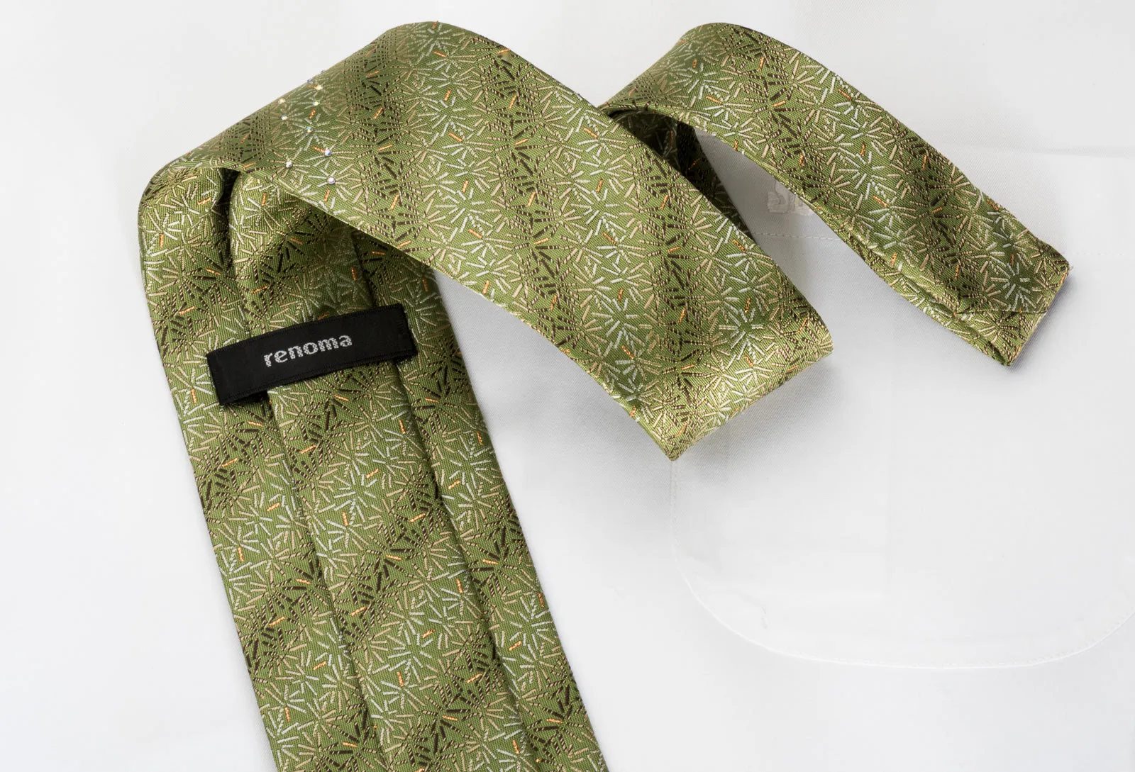 Renoma Rhinestone Silk Necktie Lines On Green With Golden Sparkles