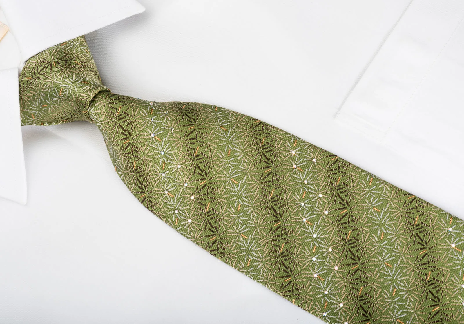 Renoma Rhinestone Silk Necktie Lines On Green With Golden Sparkles